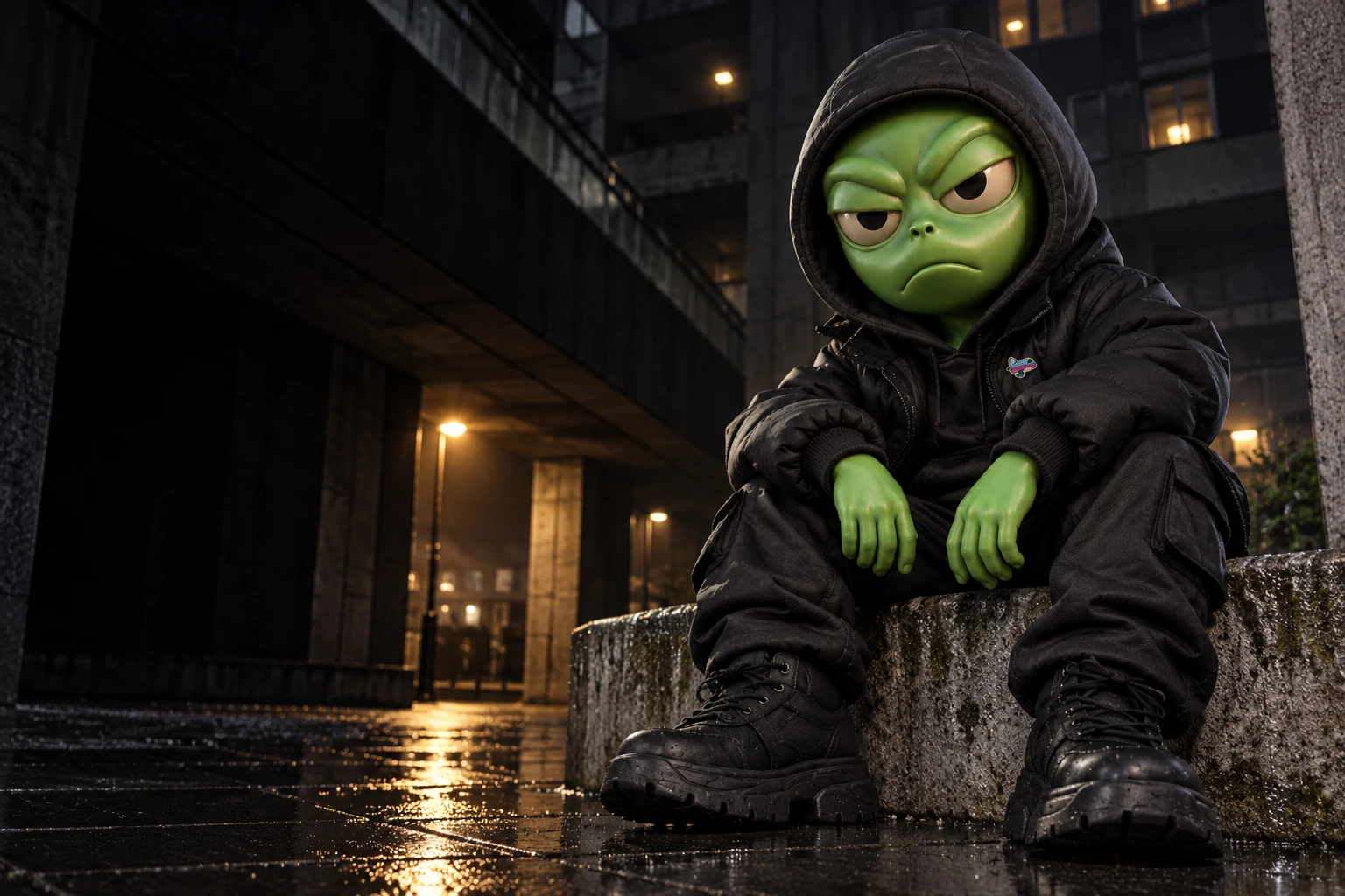 Jetzumi in a black puffer sitting on a concrete estate ledge at night