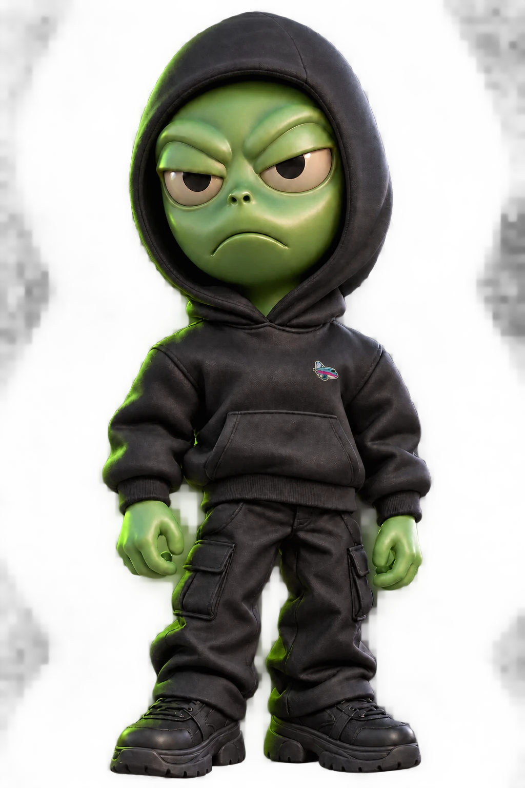 Jetzumi: a green alien with a defiant expression, black hooded streetwear, cargo trousers and chunky trainers