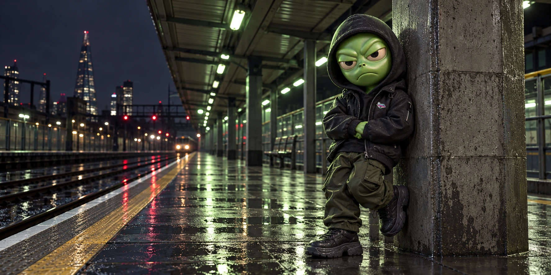 Jetzumi leaning against a column on an empty London railway platform